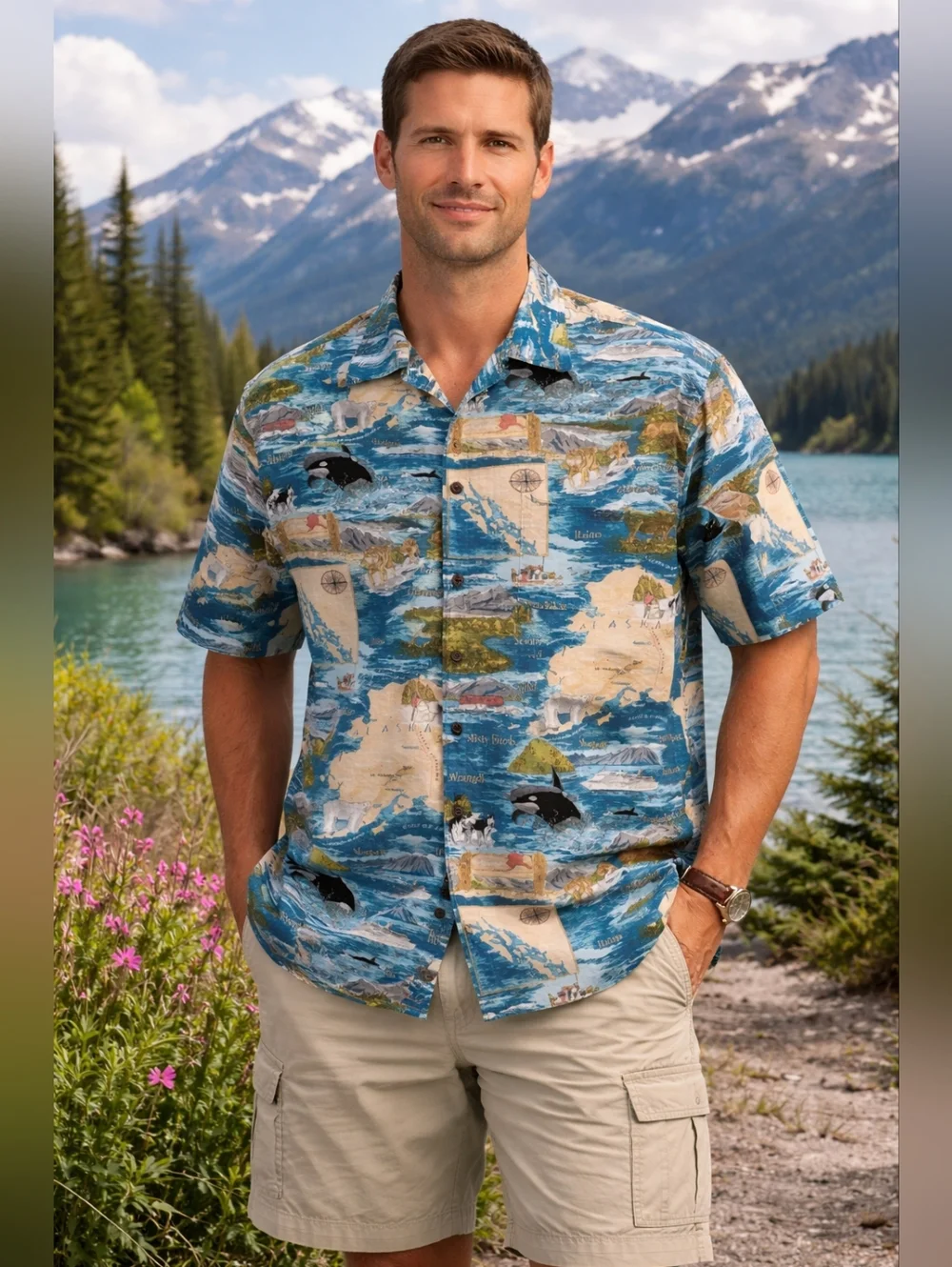David Carey Originals Alaska Map Hawaiian Shirt Men’s XL Blue Wildlife Print